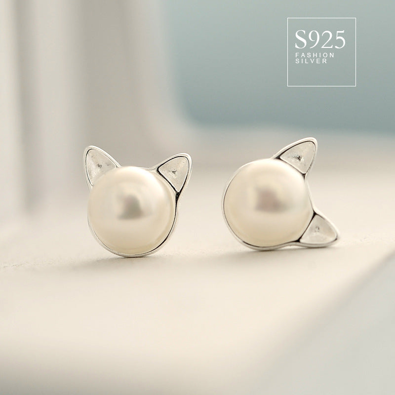 925 Sterling Silver Natural Freshwater Pearl Sprouting Cat Cat Ears Earrings