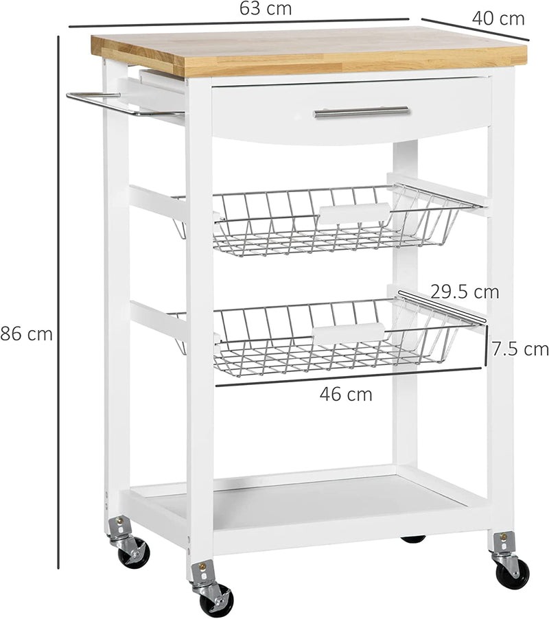 Carrello Da Cucina Con Cassetto E Cestini, Carrellino Porta Vivande Con Ruote Girevoli E Ripiano in Legno, 63X40X86Cm, Bianco