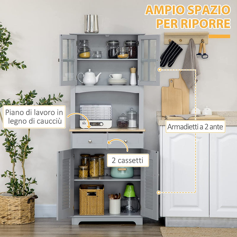 Credenza Alta per Cucina, Mobile Buffet in Legno, Armadio Dispensa in Stile Classico, Grigio, 68X39.5X170Cm