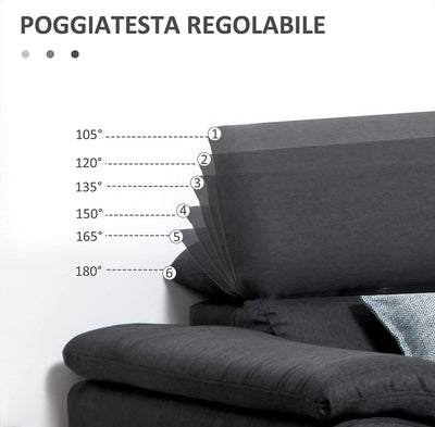 Divano Angolare 3 Posti Con Poggiatesta Regolabili, Divano a L in Tessuto per Salotto E Soggiorno, 249.5X162.5X95Cm, Grigio Scuro