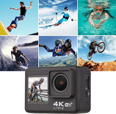 Action Camera 4K/60FPS Fotocamera Sportiva HD Da 24 MP Impermeabile Wifi Scatto Grandangolare a 170° Telecomando Wireless Bluetooth Memoria Espandibile Da 64 GB Con Scheda TF Da 16 GB