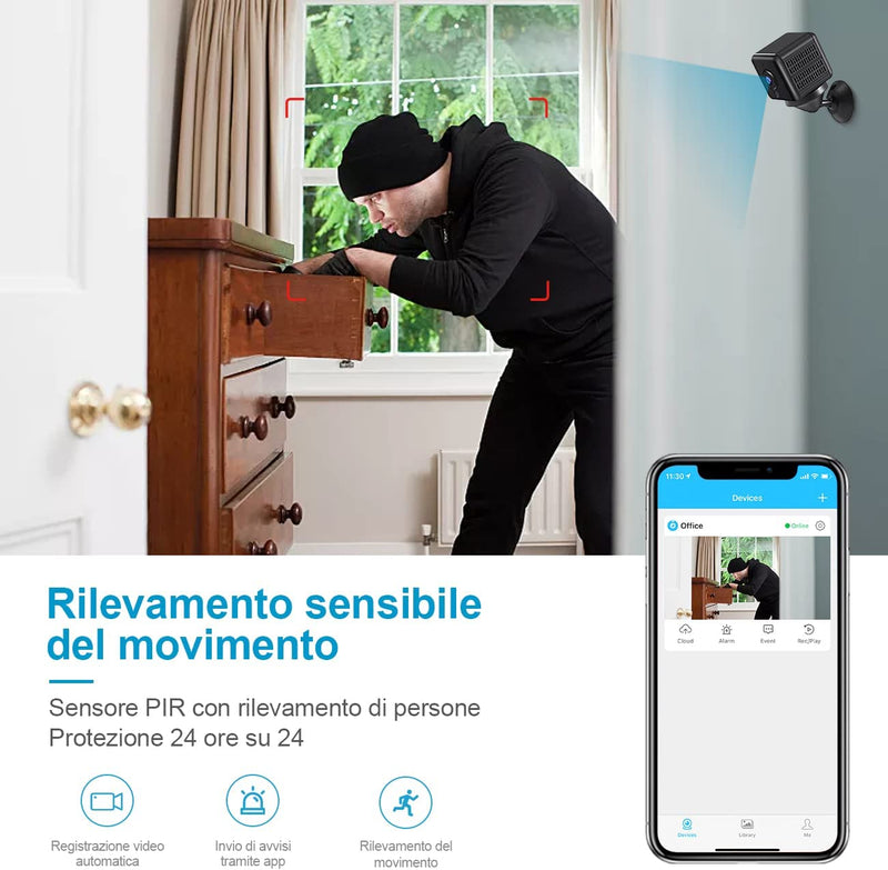 Telecamera Nascosta 2023 4K HD Mini Telecamera Spia Wifi Interno Videocamera Sorveglianza Telecamere Senza Fili Microcamere Spia Batteria Lunga Durata Spy Cam per Bambini/Casa/Auto