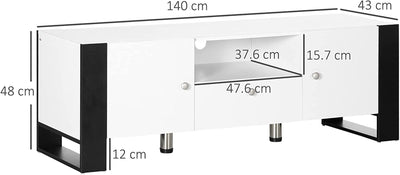 Mobile TV Moderno Con Armadietti, Cassetto E Mensola, Mobiletto Basso in Legno per TV Fino 65", 140X43X48Cm, Bianco E Nero