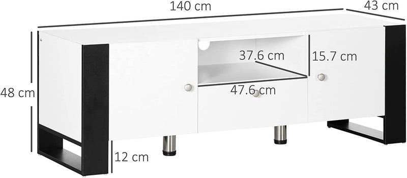 Mobile TV Moderno Con Armadietti, Cassetto E Mensola, Mobiletto Basso in Legno per TV Fino 65", 140X43X48Cm, Bianco E Nero