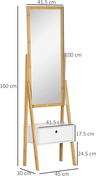 Specchio Da Terra Multiuso Con Cassetto per Camera Da Letto E Corridoio, in MDF E Bambù, 45X30X160Cm, Bianco E Color Legno