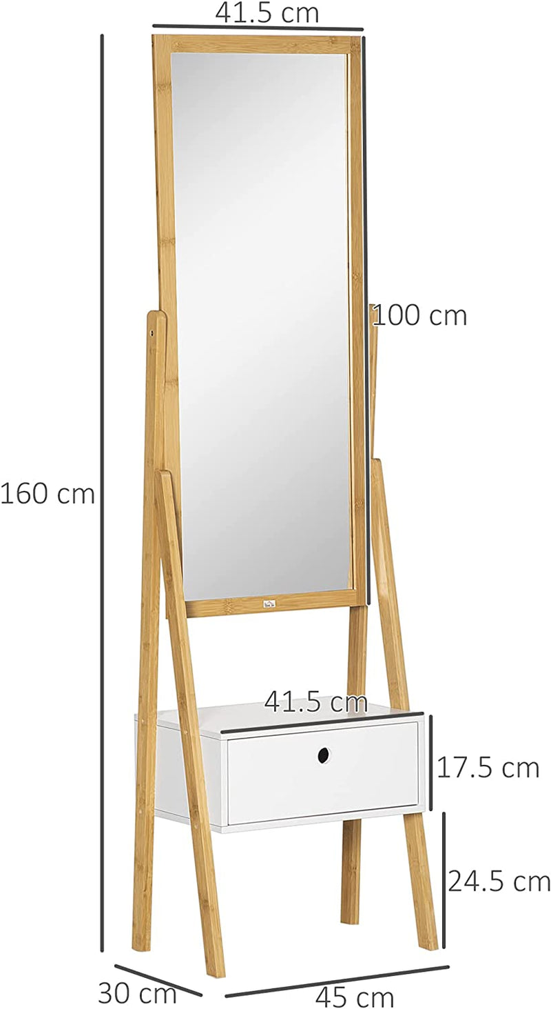 Specchio Da Terra Multiuso Con Cassetto per Camera Da Letto E Corridoio, in MDF E Bambù, 45X30X160Cm, Bianco E Color Legno