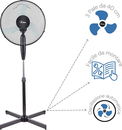 Ar5Am40P Ventilatore a Piantana Base Croce Potente Silenzioso, 52.79 X 42.4 X 12.2 Cm