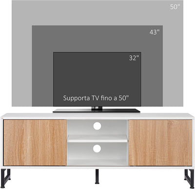 Mobile TV per Modelli Fino a 50" Max, Mobile TV Moderno in Truciolato E Acciaio Con 2 Ripiani Aperti E 2 Armadietti Chiusi, 120X39.5X45 Cm