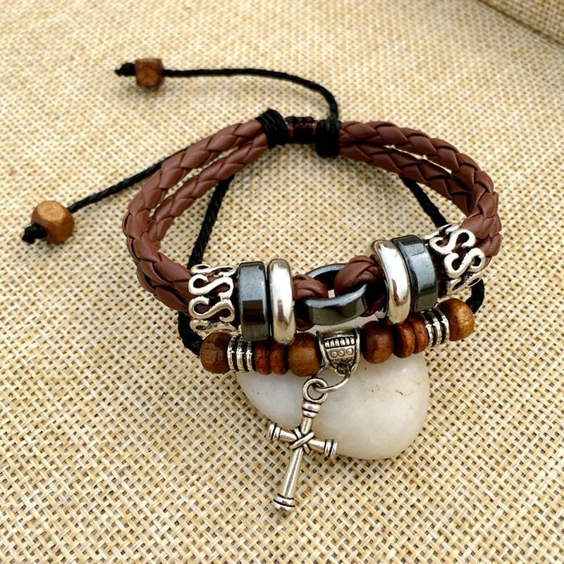 Cross Stud Braided Leather Bracelet