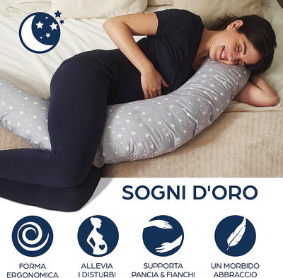 Cuscino Gravidanza XXL - Cuscino Allattamento Vincitore Del Doppio Platino Nel 2022 - Cuscino Gravidanza per Dormire Con Federa 100% Cotone - Stelle Grigio E Bianco