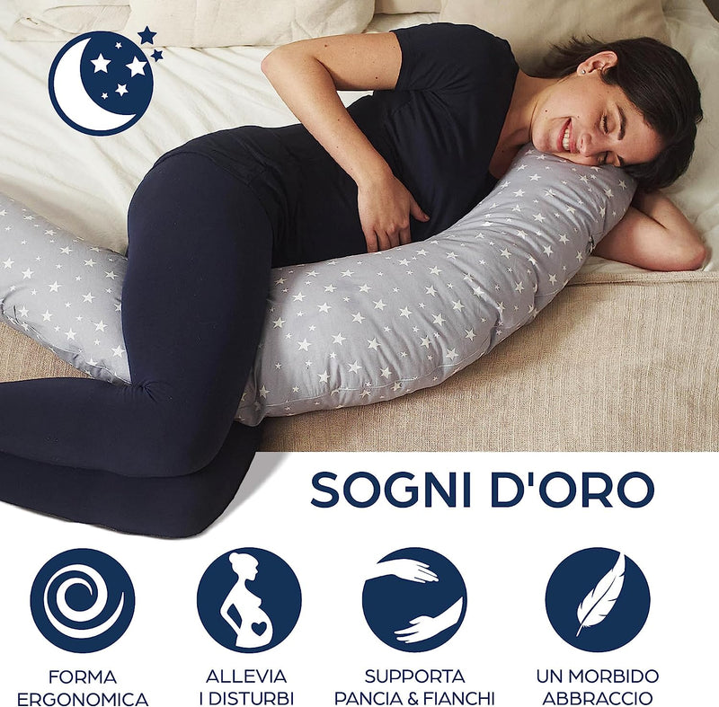 Cuscino Gravidanza XXL - Cuscino Allattamento Vincitore Del Doppio Platino Nel 2022 - Cuscino Gravidanza per Dormire Con Federa 100% Cotone - Stelle Grigio E Bianco