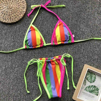 Candy-Colored Stitching Halter Bikini