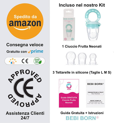 Ciuccio Frutta Neonati | 1 Ciuccio Frutta + 3 Taglie Di Tettarelle Silicone Senza BPA [3 a 24 Mesi] + Manuale D'Uso + Guida GRATUITA | Allevia Il Dolore Alle Gengive | Ciuccio per Frutta Neonati Blu