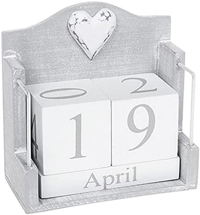 Provence - Calendario Perpetuo Grigio Con Decorazione a Forma Di Cuore Bianco Shabby Chic, 12 X 12 X 6 Cm