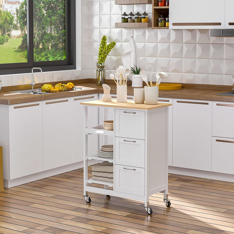 Carrello Da Cucina Con 3 Cassetti, 2 Ripiani Aperti E Vassoio Rimovibile, in MDF E Legno Di Pino, 67X37X84Cm, Color Legno E Bianco