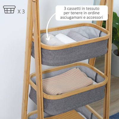 Mobile Bagno Pieghevole Con 3 Cassetti in Tessuto, Scaffale Salvaspazio a 3 Ripiani in Bambù E Poliestere Grigio, 45X31.5X108Cm