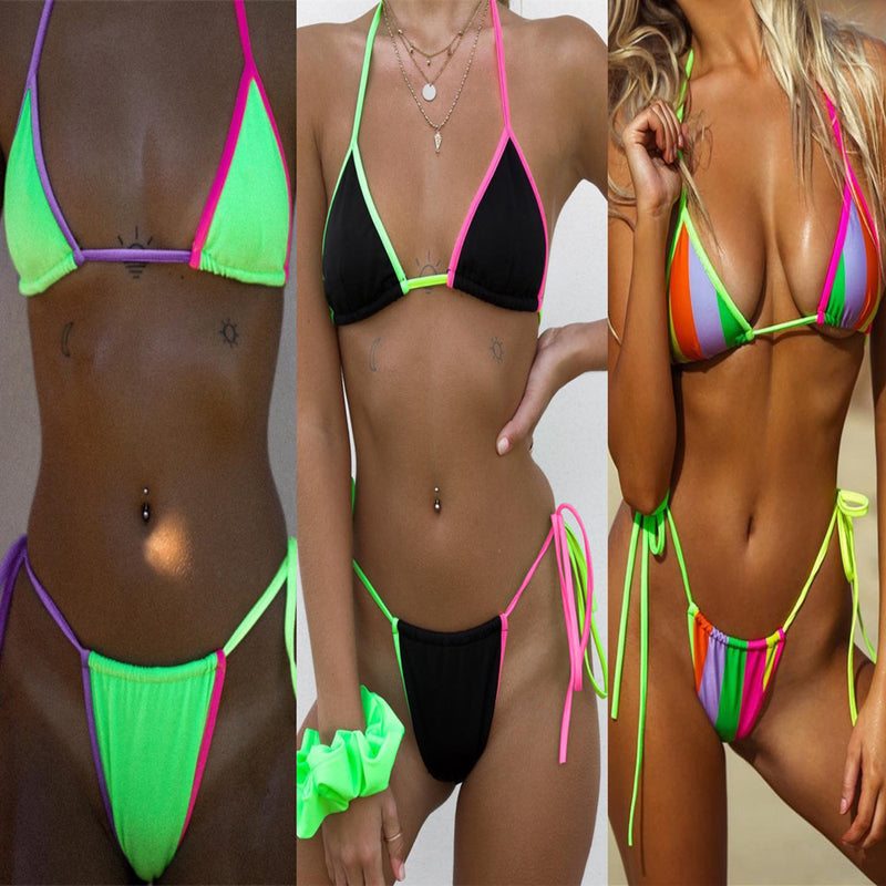 Candy-Colored Stitching Halter Bikini