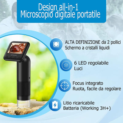 Microscopio Digitale Palmare LCD, Microscopio Portatile Tascabile 800X Con Luci a LED Microscopio Elettronico Con Lente D'Ingrandimento, Handy-Mikroskop, USB a PC Inclusa Scheda SD E Vetrini Campione