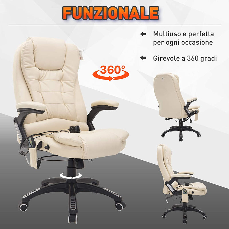 Poltrona Da Gaming Massaggiante, Sedia Da Ufficio Girevole Con Riscaldamento Ecopelle, Altezza Regolabile 62 X 68 X 111-121Cm Beige