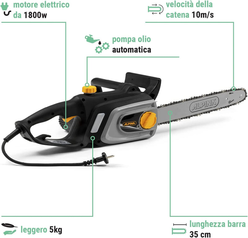 Motosega Elettrica ACS 180 E (14)’’, Barra Di Taglio 35 Cm (14’’), 1800 W, Velocità Catena 10 M/S, Tensionamento Laterale, Pompa Olio Automatica, Freno Manuale E Inerziale