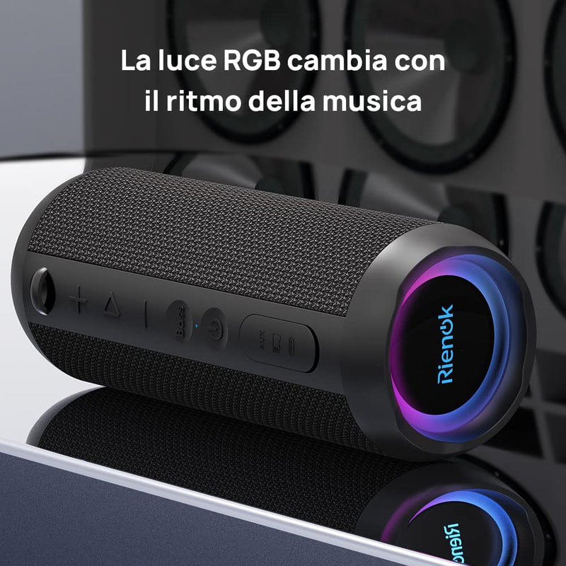 Cassa Bluetooth Portatile Potente IPX7 Impermeabile Altoparlante Bluetooth, Bassi Potenti, Bluetooth 5.3, Luce LED, AUX & Micro SD