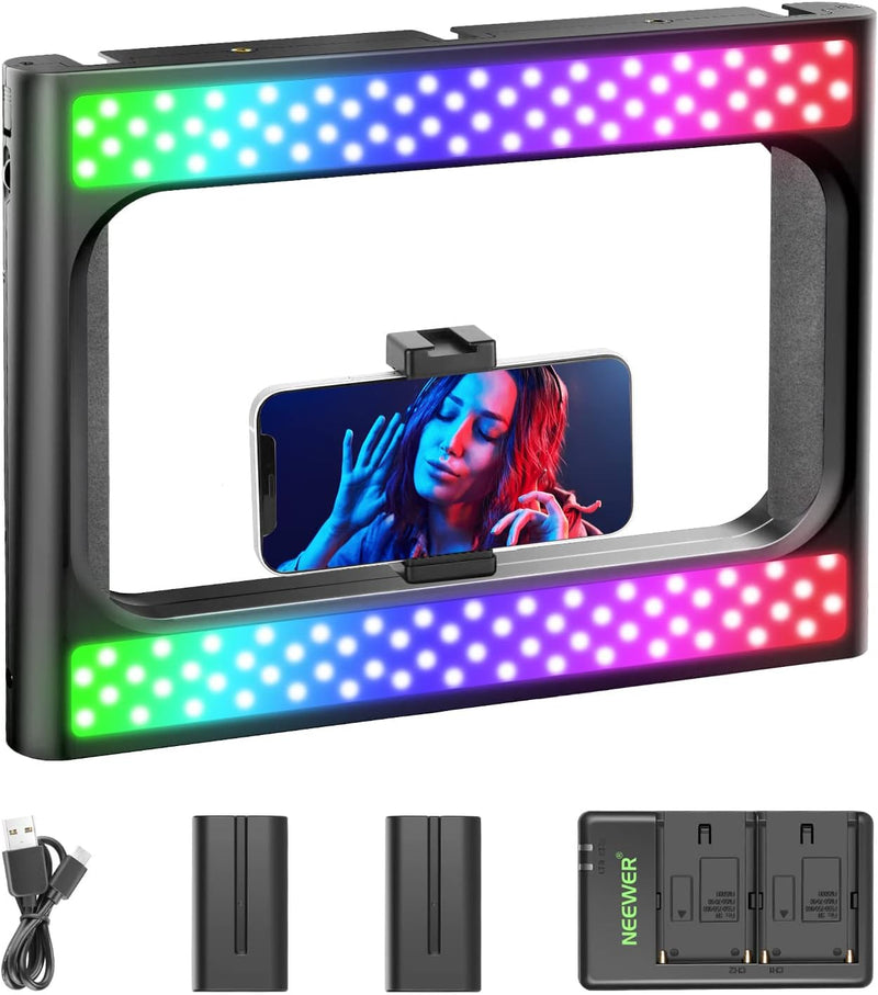 Luce LED RGB Anulare per Selfie, 360° Full Color, Con Stabilizzatore Video Rig per Smartphone, 2500-10000K CRI97+, Con Batterie & Caricatore per Produzioni Fillm Tiktok Truccatura Youtube Vlog