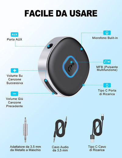 Ricevitore Bluetooth 5.3, Mini Aux Bluetooth Auto per Stereo/Altoparlante/Cuffie Cablate, Adattatore Bluetooth Auto Jack 3.5 Mm, Chiamate in Vivavoce, Connessione Doppia, 16 Ore Di Riproduzione