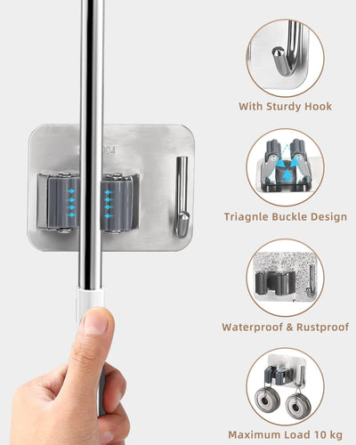 Porta Scope Parete Adesivo, 4 Pezzi Portascope Da Muro Appendibile, Appendi Scope a Muro in Acciaio Inox, Appendiscope Da Muro Con Gancio, per Cucina, Bagno, Giardino, Garage (Argento)