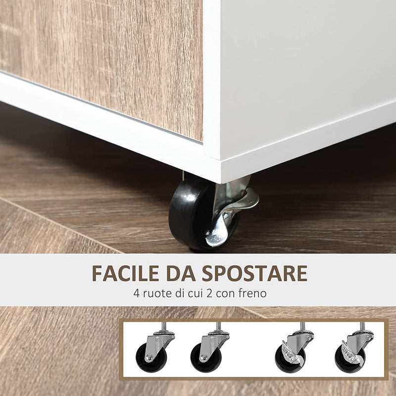 Carrello Da Cucina Portavivande per Microonde Con Cassetto, Armadietto E 4 Ruote, in Legno, 60X40X77Cm, Rovere