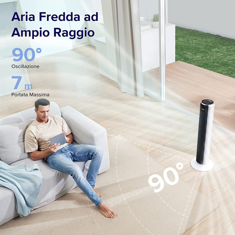 Ventilatore a Torre Con Telecomando 92CM, Amazon Exclusive, Potente Ventola Di Raffreddamento Silenziosa 28 Db, 3 Modalità, 5 Velocità, Oscillazione 90° Timer 12H, Display LED, 39W