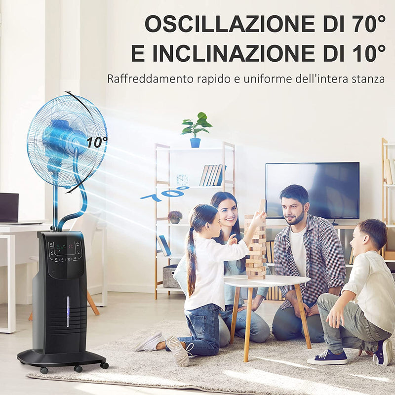 Ventilatore Nebulizzatore Con Telecomando Da 5M, Timer 12H E Oscillazione 70°, 3 Velocità, 3 Funzioni E Antizanzare, Tanica 3.1L, 90W, Ф44.5X135Cm Nero