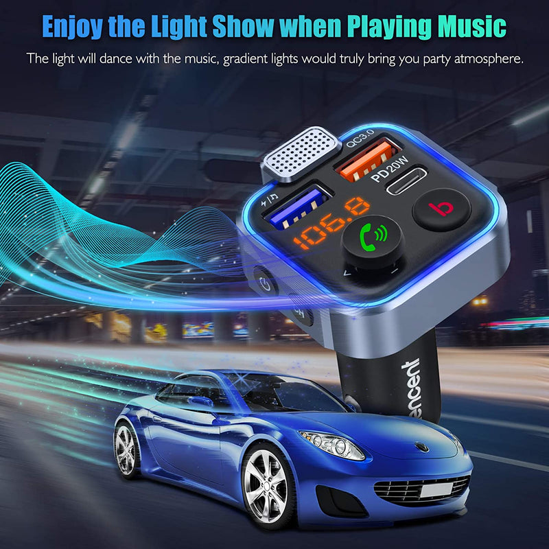 Trasmettitore FM Bluetooth Auto, Adattatore Radio Auto Con Bassi Profondi & Hi-Fi Lossless, Ricarica Rapida PD 20W+QC3.0, Chiamata Vivavoce, Lettore Musicale, Chiavetta USB, Luce Blu Sfumata