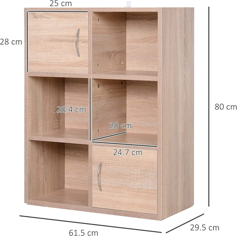 Libreria Scaffale in Legno, Mobiletto Multiuso Con 3 Ripiani 4 Scompartimenti E 2 Ante, 61.5X29.5X80Cm