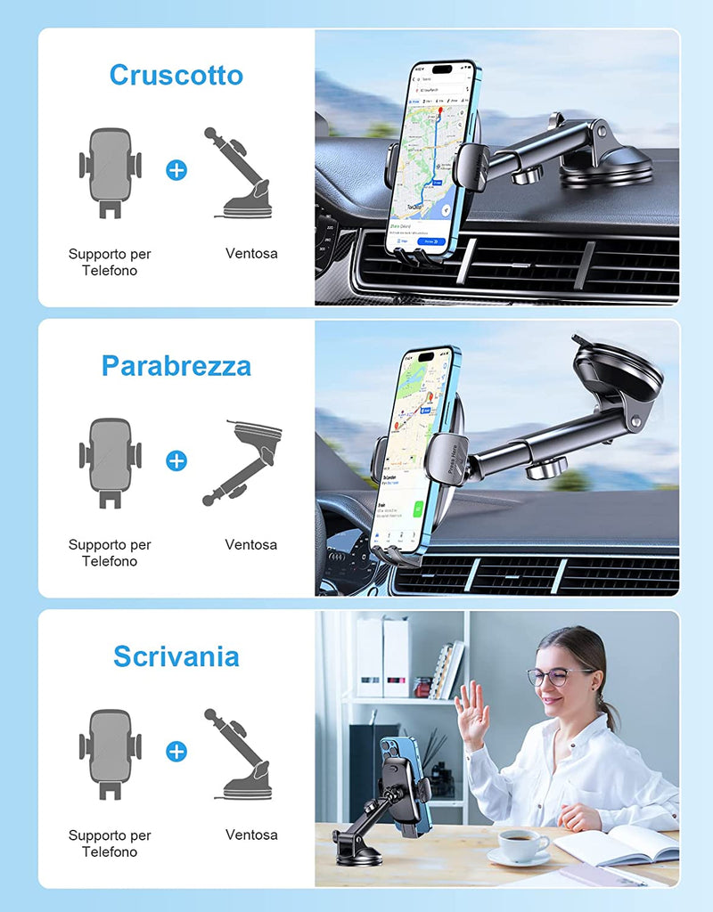 Porta Cellulare Auto, [Aspirazione Ultra Potente & Universale] Supporto Telefono Auto, Flessibile Porta Telefono Auto Con Una Sola Mano per Cruscotto E Parabrezza, Adatto a Telefoni Da 4-7"