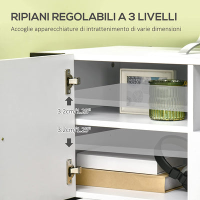 Mobile TV Moderno Con Armadietti, Cassetto E Mensola, Mobiletto Basso in Legno per TV Fino 65", 140X43X48Cm, Bianco E Nero