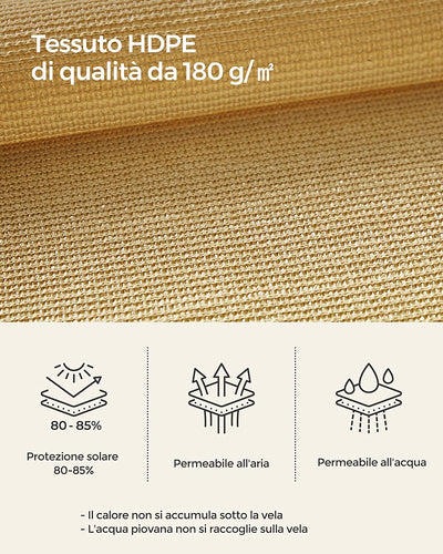 Vela Parasole 3 X 5 M, Tenda Da Sole in Tessuto HDPE, Permeabile All'Aria E All'Acqua, per Terrazza, Giardino, Balcone, Campeggio, Rettangolare, Concava, Corde Da 2 M, Giallo Sabbia GSS35EYV1