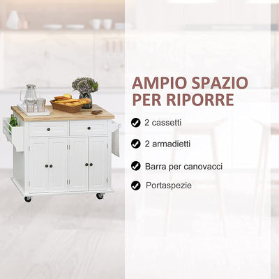 Carrello Da Cucina Portavivande Con Cassetti, Armadietti, Portaspezie E 4 Ruote, Legno, 111X44.5X82.5Cm, Bianco