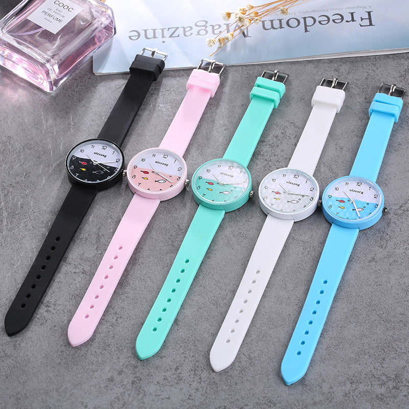 Children Watch for Girls Color Silicone Strap Fashion Quartz Wristwatch Fish Dial Cartoon Kids Clock