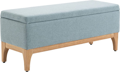 Panca Imbottita Contenitore in Tessuto Effetto Lino E Legno per Ingresso, Panca Fondo Letto Design Scandinavo, 110X39X45Acm, Azzurro