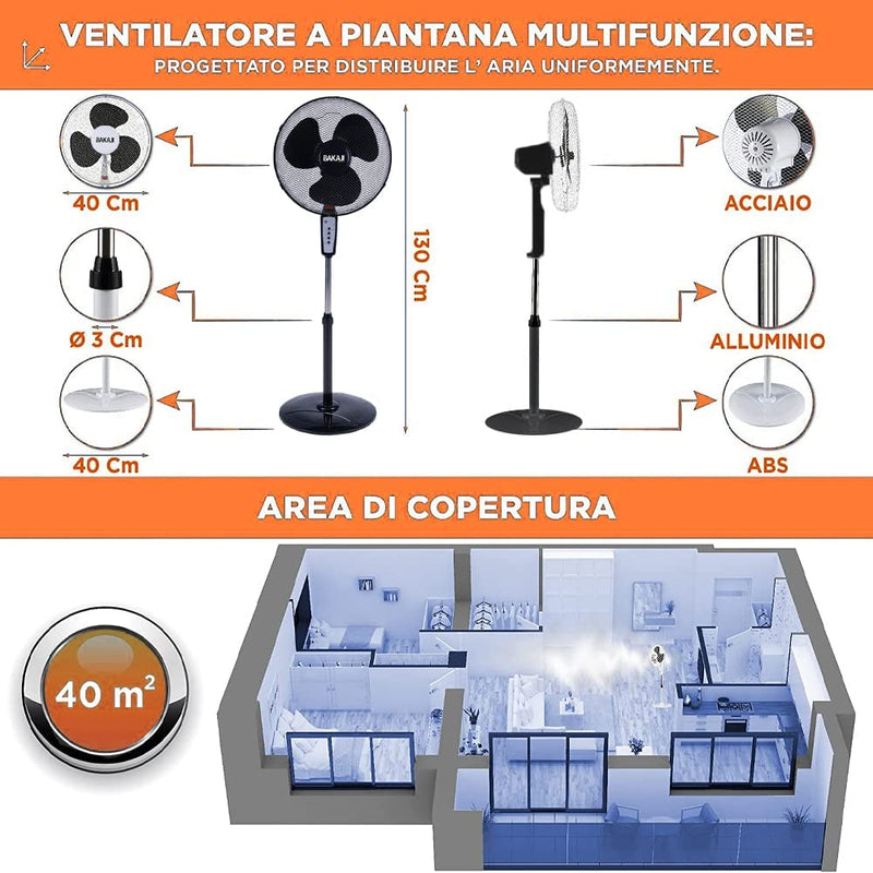 Ventilatore a Colonna Piantana Potenza 50W Diametro Pale 40Cm 3 Velocità Selezionabili Funzione Timer Altezza Regolabile Oscillazione Orizzontale E Telecomando X Controllo a Distanza (Nero)