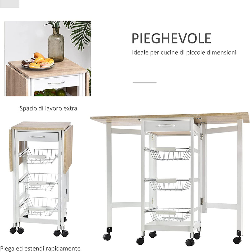 Carrello Da Cucina Con 3 Cestini, Cassetto E Ribalte, 6 Ruote Girevoli, in MDF E Metallo, 37X37X77.5Cm, Bianco E Legno