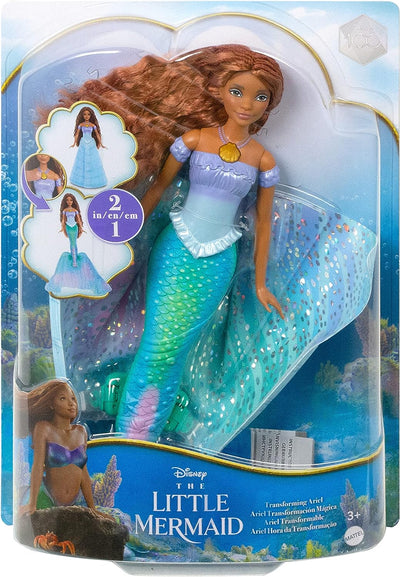 La Sirenetta - Ariel Bambola Trasformabile, Cambia Da Umana a Sirena, Premi La Collana E L'Abito Blu Diventa Una Coda Da Sirena Multicolore, Giocattolo per Bambini, 3+ Anni, HLX13