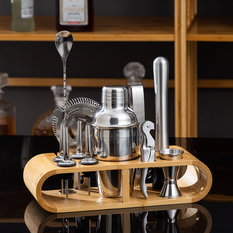 Stainless Steel Cocktail Shaker with Wooden Stand for Home Bar Party