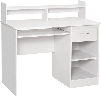 Scrivania Compatta per Computer Fisso PC in Legno Bianco Con Ripiano Tastiera Estraibile E Mensole 104X48X95.5Cm