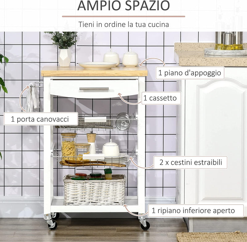 Carrello Da Cucina Con Cassetto E Cestini, Carrellino Porta Vivande Con Ruote Girevoli E Ripiano in Legno, 63X40X86Cm, Bianco