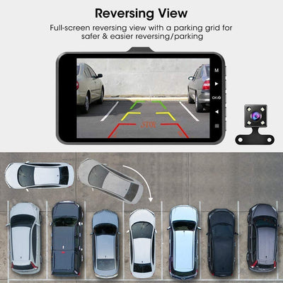 Dash Cam Doppia Telecamera per Auto,1080P Visione Notturna, Rilevatore Di Movimento, Monitor Di Parcheggio, 4 Pollici Obiettivo Grandangolare Di 310°, WDR, G-Sensor, Registrazione in Loop