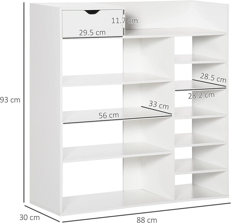 Mobile Portascarpe Salvaspazio Con Ripiani E Cassetto per 12 Scarpe, Scarpiera in Legno per Ingresso E Camera Da Letto, 88X30X93Cm, Bianco