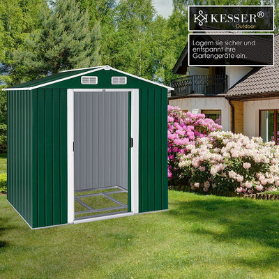 ® - Casetta XL in Metallo 4,2 M³| 210 X 132 X 186 Cm | 2 Porte Scorrevoli E Fondazione | Capanno per Attrezzi | Armadio Da Giardino | Tetto a Due Falde Verde