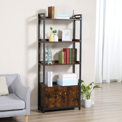 Mobile Libreria 4 Ripiani Con Armadietto a 2 Ante in Stile Industriale per Casa E Ufficio, 75X30X180Cm, Marrone