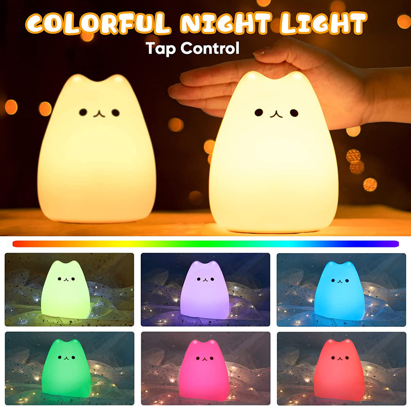 Luce Notturna Bambini, Lampada per Gatto, Funzione Timer 7 Colori USB Ricaricabile LED Silicone Regalo Neonato Cameretta